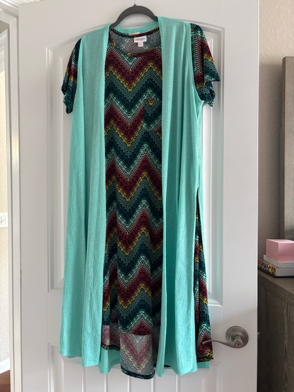 LuLaRoe High Low Dress with Mint Overlay and Multicolor Chevron